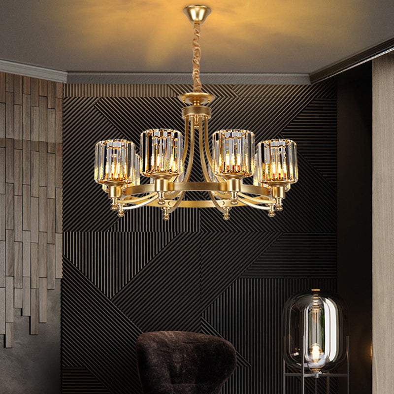 Postmodern Cylinder Chandelier 8/10-Light Prismatic Crystal Drop Lamp Black/Gold - Ideal For Living
