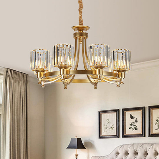 Postmodern Cylinder Chandelier - Prismatic Crystal Drop Lamp (8/10 Lights) - Black/Gold - Living Room