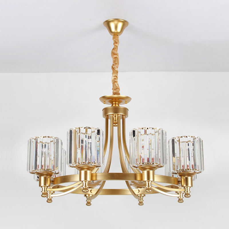 Postmodern Cylinder Chandelier - Prismatic Crystal Drop Lamp (8/10 Lights) - Black/Gold - Living Room