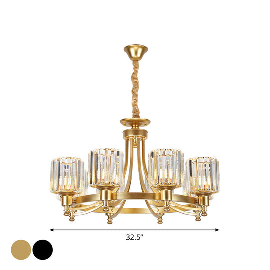 Postmodern Cylinder Chandelier 8/10-Light Prismatic Crystal Drop Lamp Black/Gold - Ideal For Living