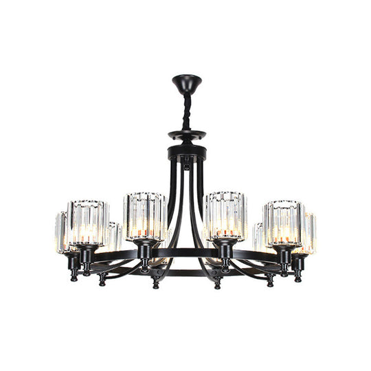 Postmodern Cylinder Chandelier - Prismatic Crystal Drop Lamp (8/10 Lights) - Black/Gold - Living Room