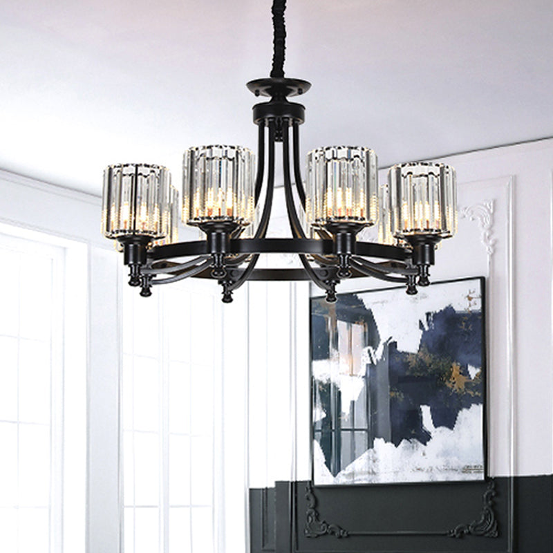 Postmodern Cylinder Chandelier 8/10-Light Prismatic Crystal Drop Lamp Black/Gold - Ideal For Living