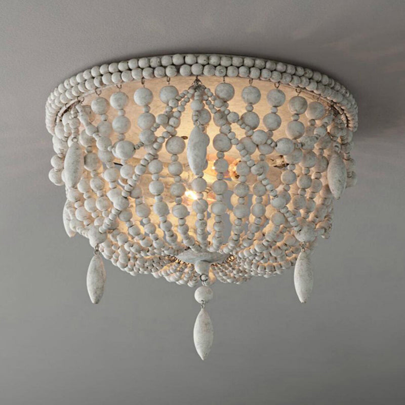 Distressed White Retro Beaded Flush Mount Light With 6 Heads- Wood Close To Ceiling Lamp / Small