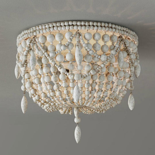 Distressed White Retro Beaded Flush Mount Light With 6 Heads- Wood Close To Ceiling Lamp