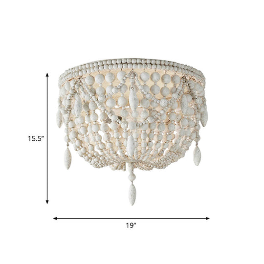 Distressed White Retro Beaded Flush Mount Light With 6 Heads- Wood Close To Ceiling Lamp