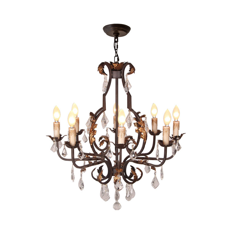 Rustic Wood Chandelier Lamp With Crystal Accent - Swooping Arm Pendant Light For Traditional Living