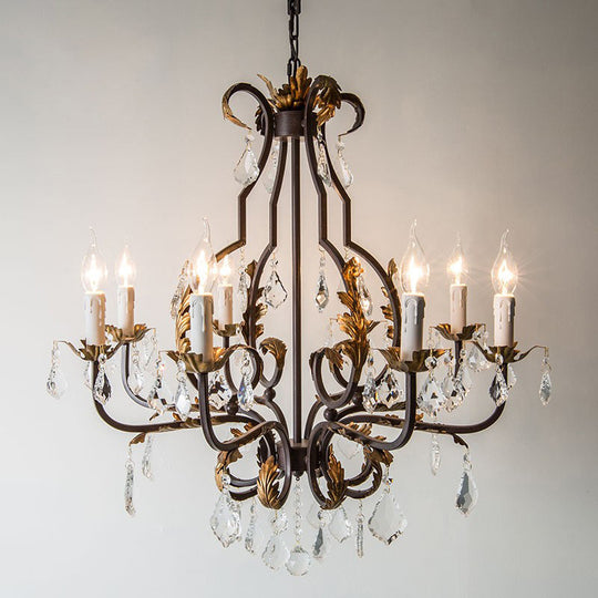 Rustic Wood Chandelier Lamp With Crystal Accent - Swooping Arm Pendant Light For Traditional Living