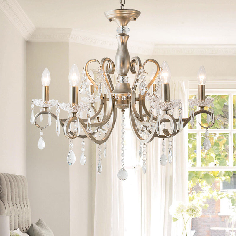 Metal Chandelier Pendant Light With Scrolled Arm Crystal Accent - Traditional Living Room Lighting