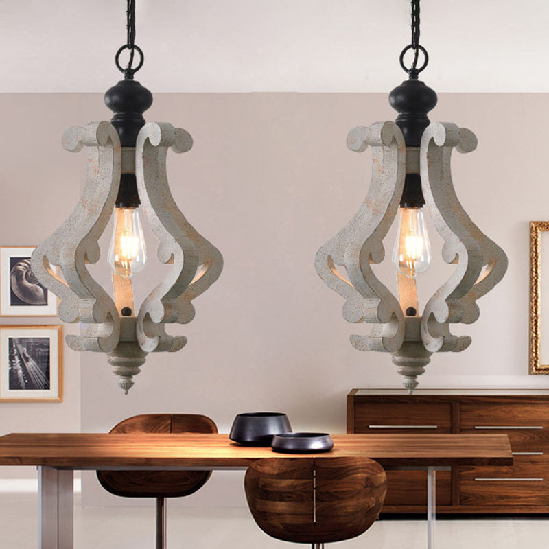 Distressed White Wood Pendant Light With Scrolled Frame And Traditional Style