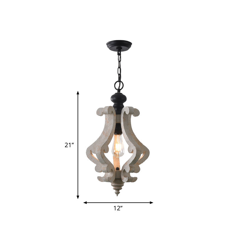 Distressed White Wood Pendant Light With Scrolled Frame And Traditional Style