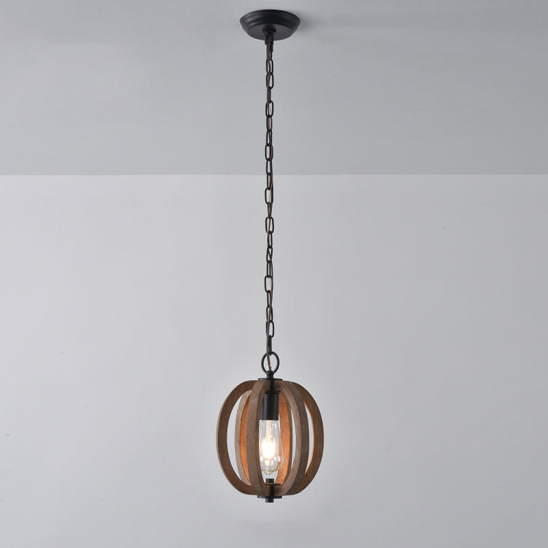 Traditional Wood Geometric Cage Pendant Light For Living Room Brown / C
