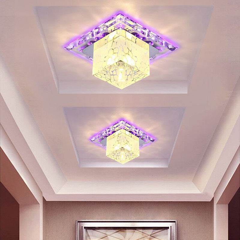 Contemporary Crystal Led Chrome Flush Mount Ceiling Lamp - Cubic Shape Ideal For Corridor / Purple