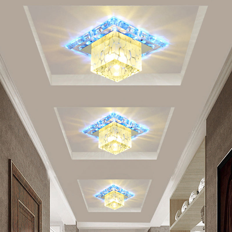 Contemporary Crystal Led Chrome Flush Mount Ceiling Lamp - Cubic Shape Ideal For Corridor / Blue