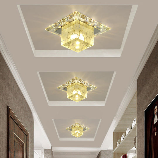 Contemporary Crystal Led Chrome Flush Mount Ceiling Lamp - Cubic Shape Ideal For Corridor / Warm