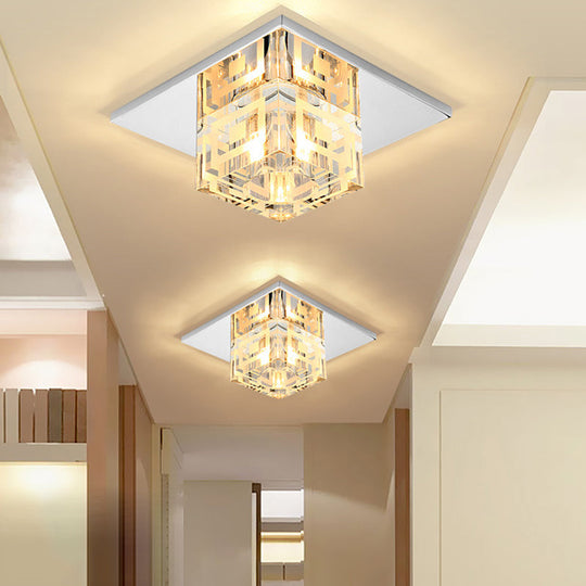Crystal Square Led Ceiling Light In Chrome For Hallway / 5 Warm