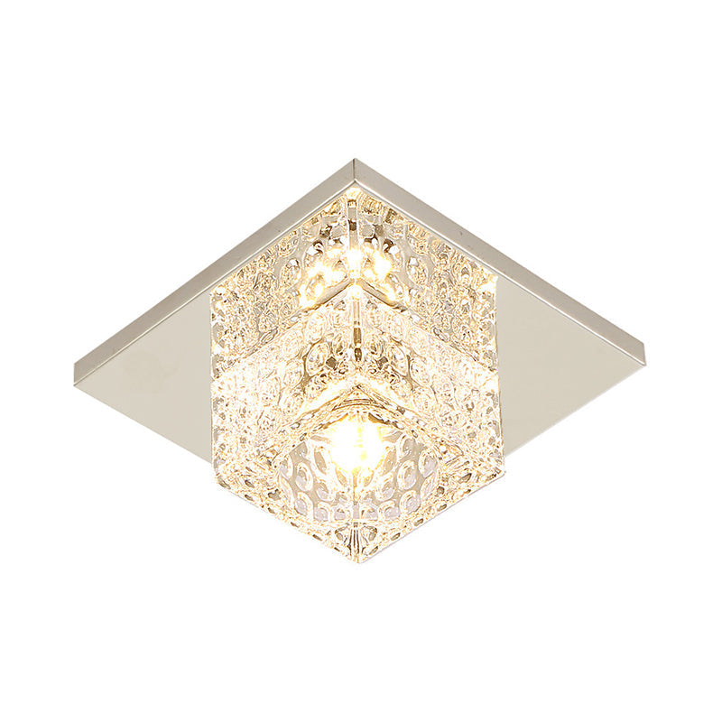Faceted Crystal Close-To-Ceiling Flush Light Fixture - Modern Cubic Corridor Lamp In Chrome+