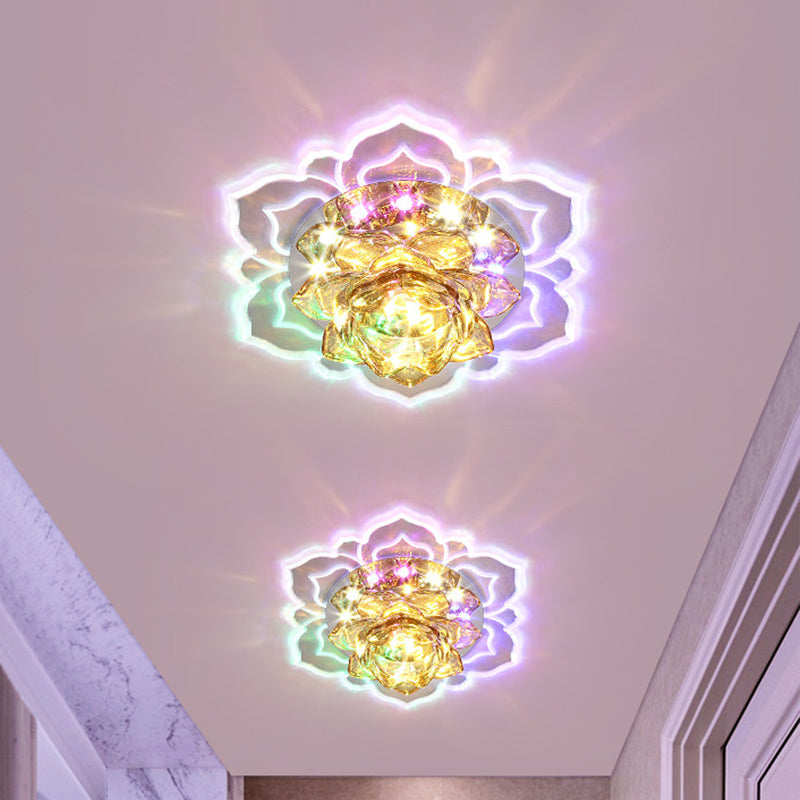 Contemporary Led Crystal Lotus Flush Light Fixture - Chrome Ceiling Lamp / Pink