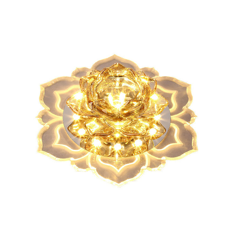 Contemporary Led Crystal Lotus Flush Light Fixture - Chrome Ceiling Lamp