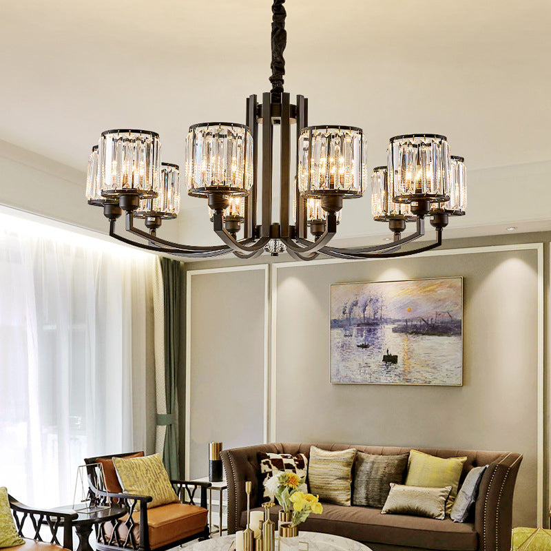 Classic Black Cylinder Pendant Light With Faceted Crystal: Elegant Living Room Chandelier