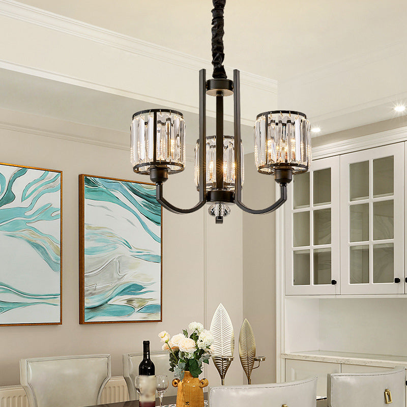 Classic Black Cylinder Pendant Light With Faceted Crystal: Elegant Living Room Chandelier 3 /