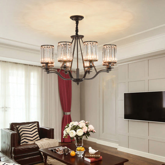 Black Crystal Beveled Pendant Light - Cylinder Chandelier For Living Room Ceiling Country Style