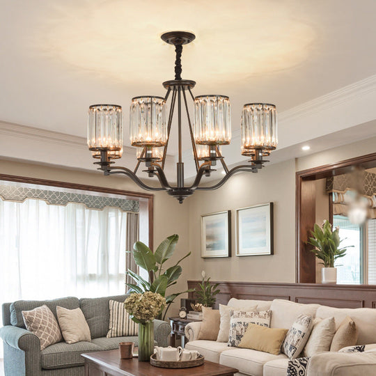 Black Crystal Beveled Pendant Light - Cylinder Chandelier For Living Room Ceiling Country Style