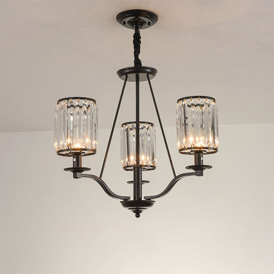 Black Crystal Beveled Pendant Light - Cylinder Chandelier For Living Room Ceiling Country Style