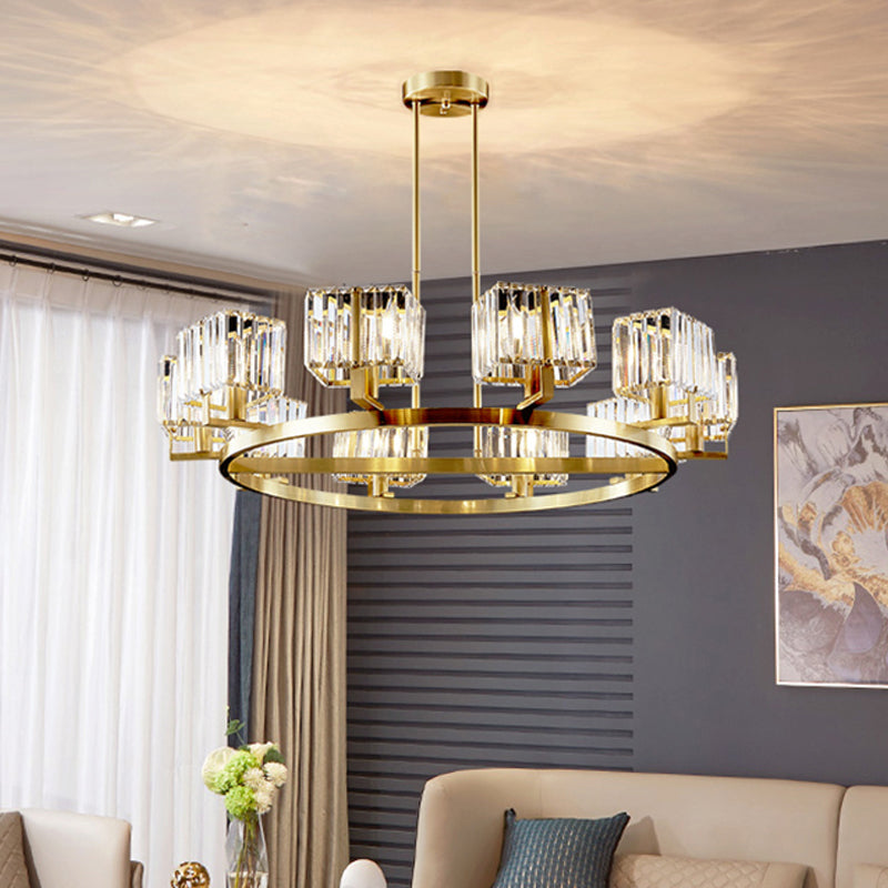 Golden Crystal Rectangle Pendant Chandelier - Sleek Dining Room Lighting Fixture with 4/8/10 Bulbs