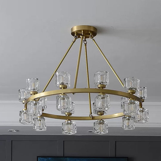 Postmodern Crystal Cube Gold Chandelier - Circle Pendant For Dining Room With 6/12/28 Lights