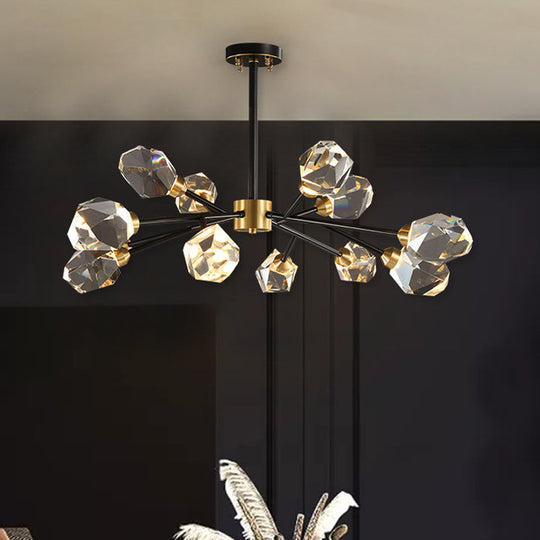 Modern Brass Gem Shaped Clear Crystal Pendant Chandelier - 9-Bulb Light Fixture for Living Room