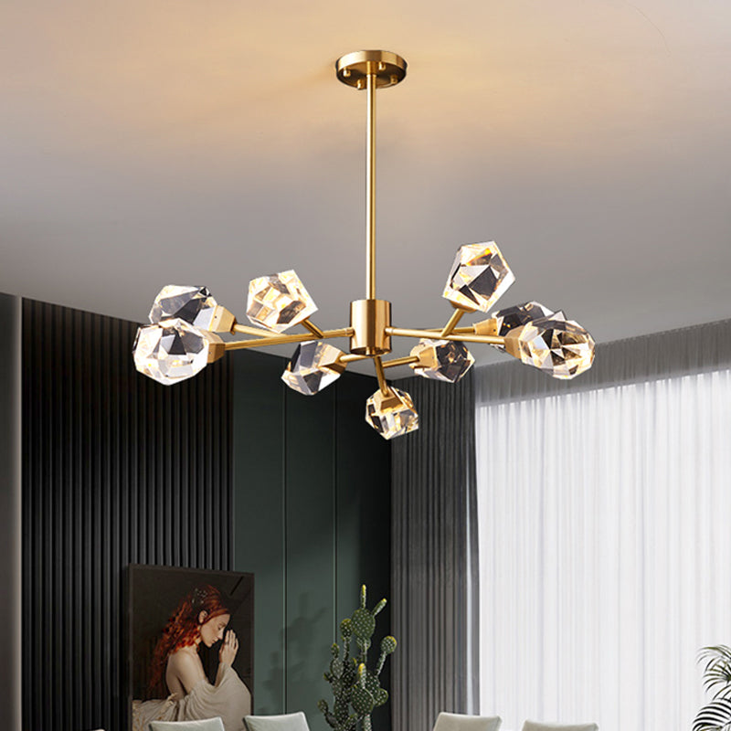 Modern Brass Gem Shaped Crystal Pendant Chandelier Light - 9-Bulb Clear Ideal For Living Rooms