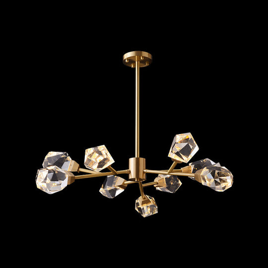 Modern Brass Gem Shaped Crystal Pendant Chandelier Light - 9-Bulb Clear Ideal For Living Rooms