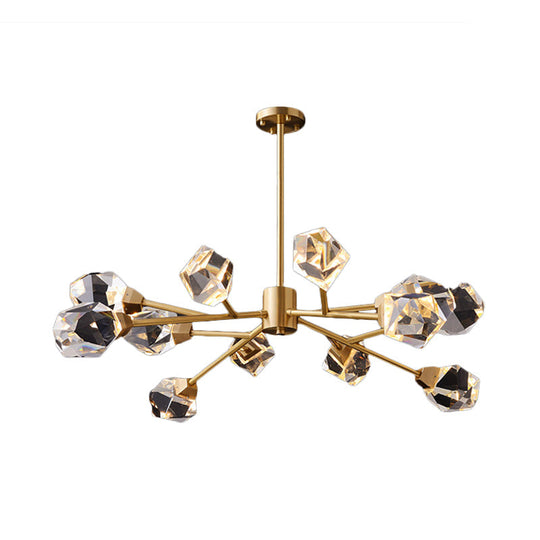 Post-Modern Branched Brass Chandelier With Crystal Blocks - 6/15/18 Lights Ceiling Hanging Fixture