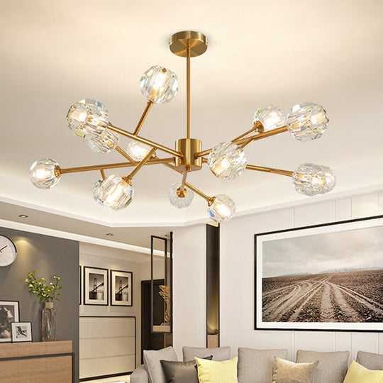 Modern Brass Chandelier With Faceted Crystal Shade For Kitchen Ceiling - 9/12/15 Lights