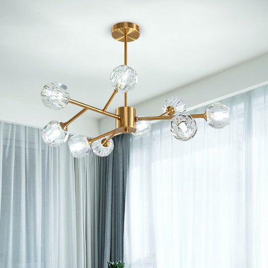 Modern Brass Chandelier With Faceted Crystal Shade For Kitchen Ceiling - 9/12/15 Lights