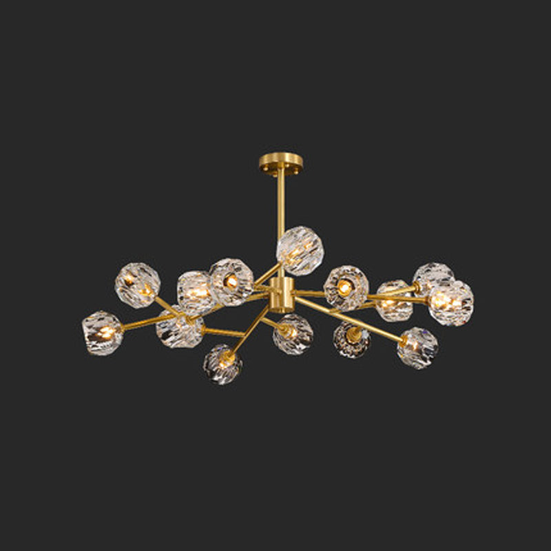 Postmodern Brass Branch Chandelier - 12/15/18-Light Crystal Ball Drop - Dining Room Ceiling Lamp