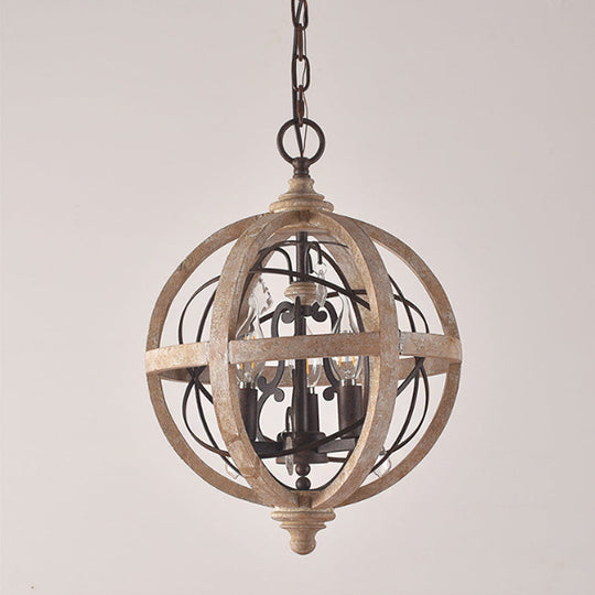 Classic Distressed White Wood Globe Cage Chandelier With Crystal Accent - 5-Light Bedroom Pendant