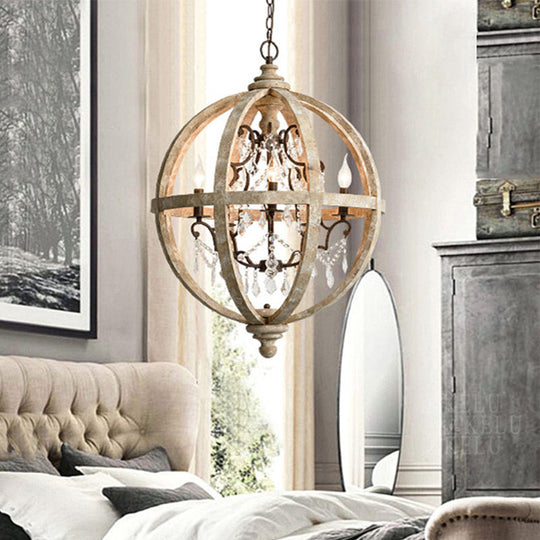 Classic Distressed White Wood Globe Cage Chandelier With Crystal Accent - 5-Light Bedroom Pendant