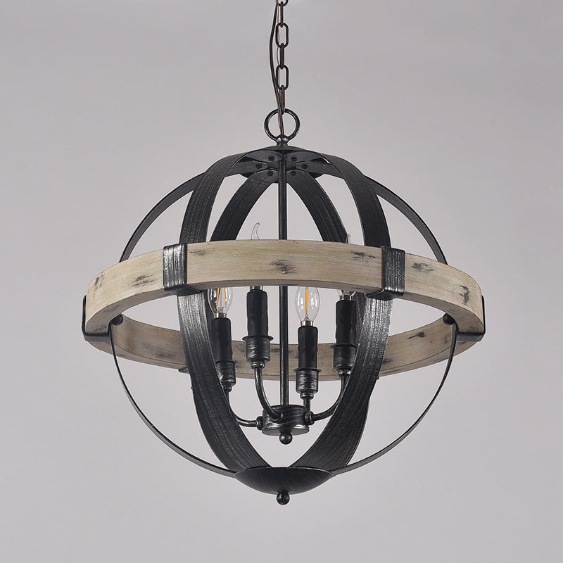 Black Wood Strap Globe Pendant Chandelier Kit - Country Living Room Hanging Lamp 4 /