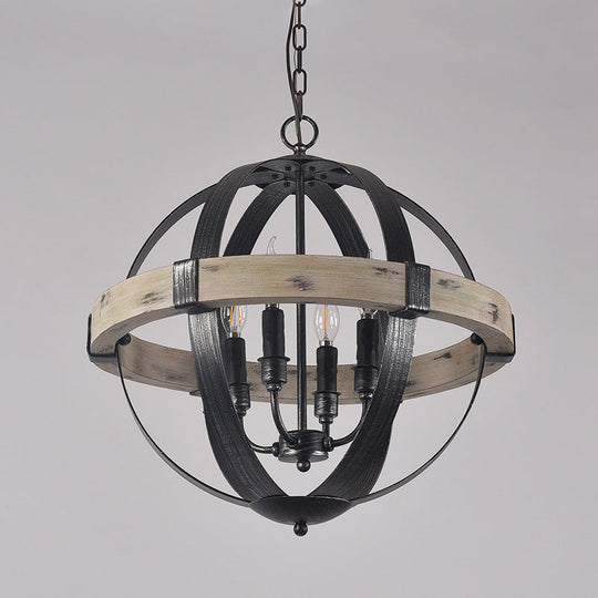 Black Wood Strap Globe Pendant Chandelier Kit - Country Living Room Hanging Lamp 4 /