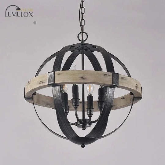 Country Style Wood Strap Globe Pendant Chandelier in Black