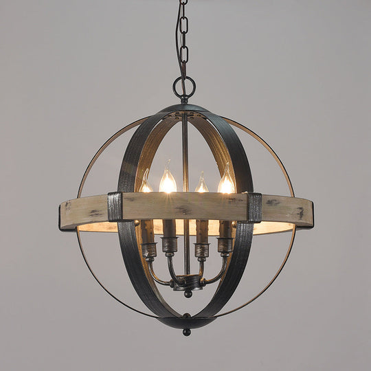 Black Wood Strap Globe Pendant Chandelier Kit - Country Living Room Hanging Lamp 6 /
