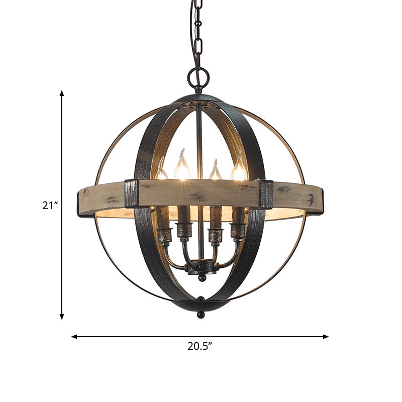 Black Wood Strap Globe Pendant Chandelier Kit - Country Living Room Hanging Lamp