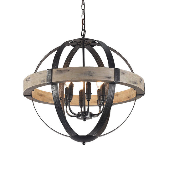 Black Wood Strap Globe Pendant Chandelier Kit - Country Living Room Hanging Lamp