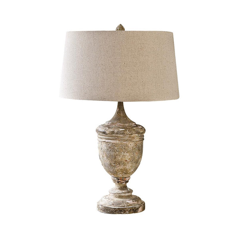 Traditional Style Distressed White Fabric Night Lamp With Font Base 1-Bulb Drum Table Lighting