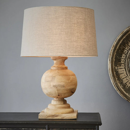 Classic Round Fabric Lamp With Wood Ball Base For Bedroom Nightstand