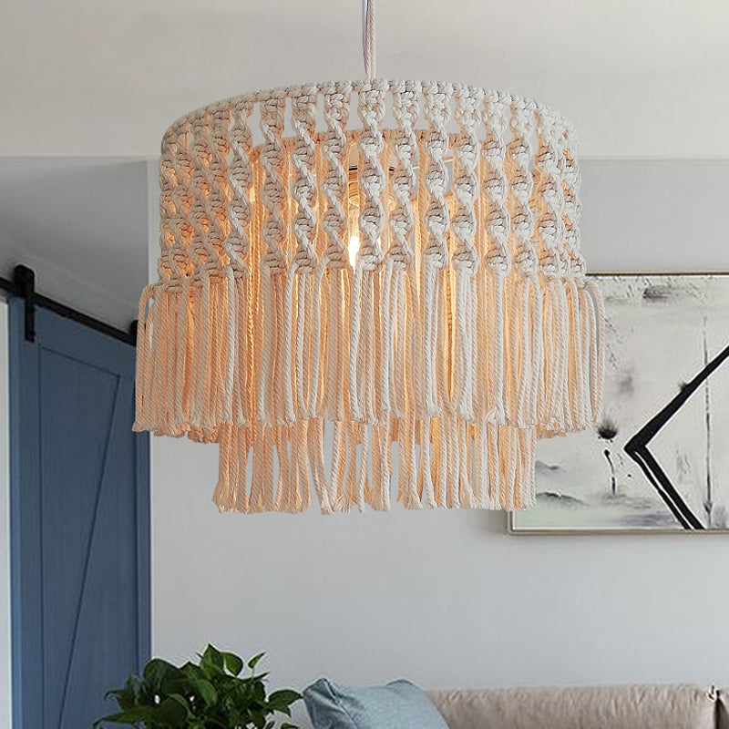 Rustic Jute Rope Fringe Ceiling Lamp - 1-Light Living Room Pendant Light In Beige