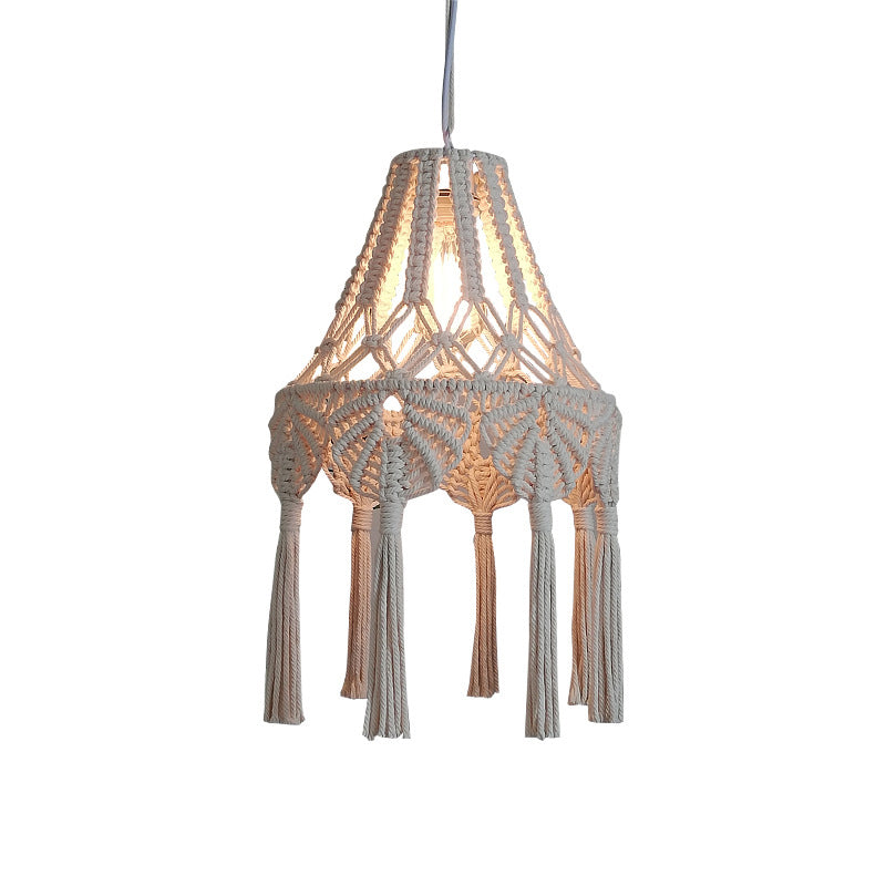 Rustic Scalloped Rope Suspension Lamp: Beige 1-Light Ceiling Fixture With Tassel Fringe For Country