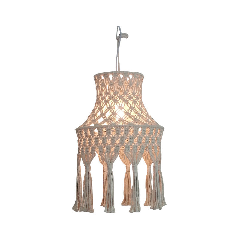 Beige Flared Suspension Light With Natural Rope Design - 1 Head Pendant For Dining Room Lighting