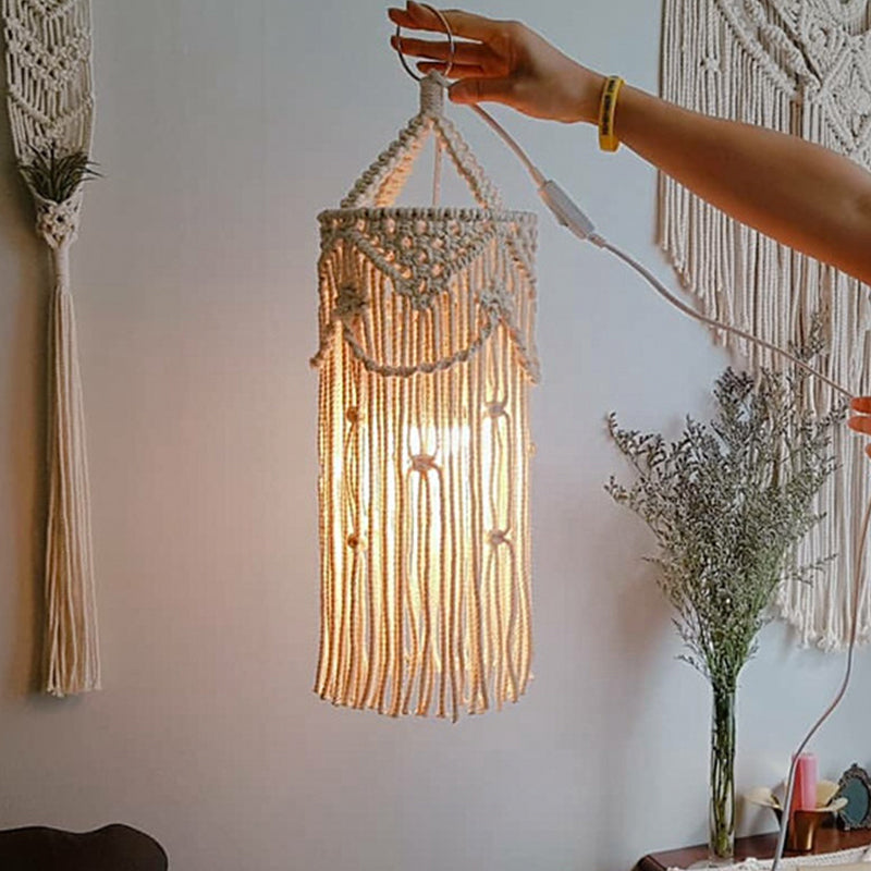 Country White Cylinder Tassel Rope Pendant Light - Dining Room Ceiling Lamp